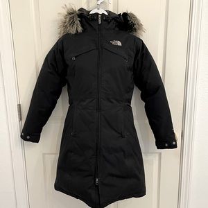 The North Face Womens Knee Length Down Parka Coat w/ Fur Hoodie size XS Black